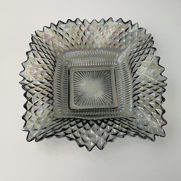 Iridescent Smokey Grey Carnival Glass Square Diamond Design Saw Tooth Edge Dish - Picture 2 of 10